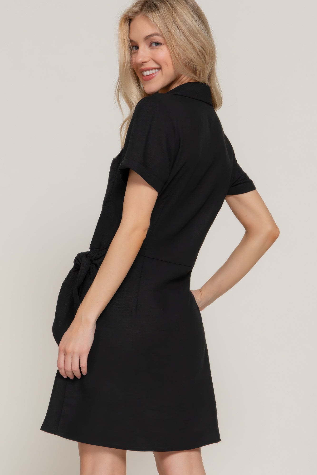 Button Down Side Bow Linen Effect Mini Dress - All Season Fashion