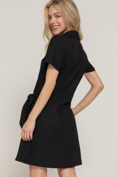 Button Down Side Bow Linen Effect Mini Dress - All Season Fashion