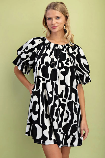 Geometric Print Loose Fit Mini Dress With Gathered Balloon Sleeves - All Season Fashion