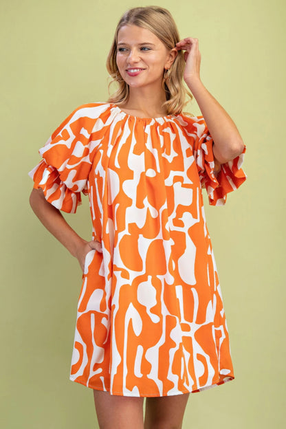Geometric Print Loose Fit Mini Dress With Gathered Balloon Sleeves - All Season Fashion