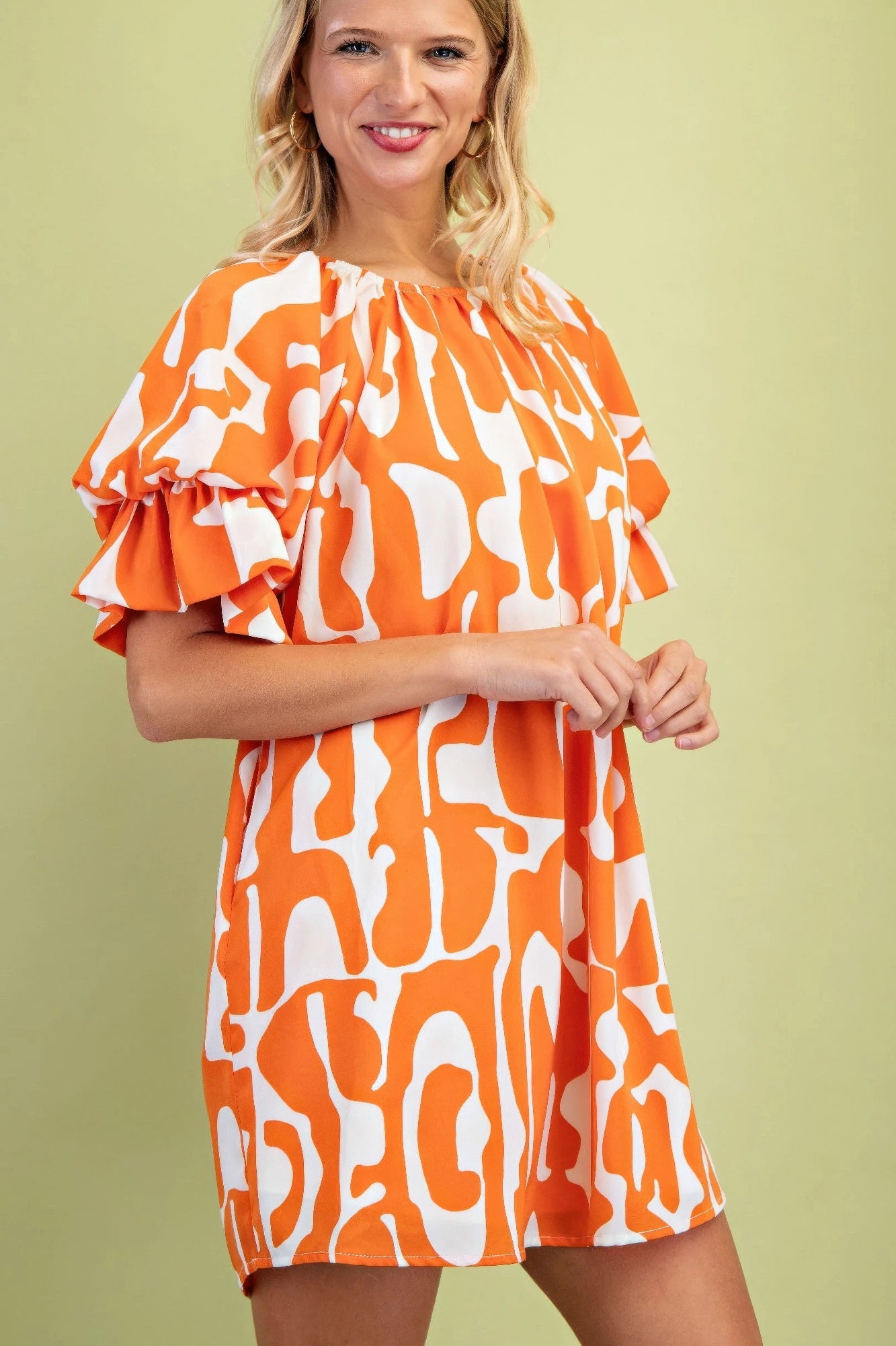 Geometric Print Loose Fit Mini Dress With Gathered Balloon Sleeves - All Season Fashion