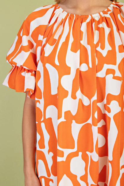 Geometric Print Loose Fit Mini Dress With Gathered Balloon Sleeves - All Season Fashion