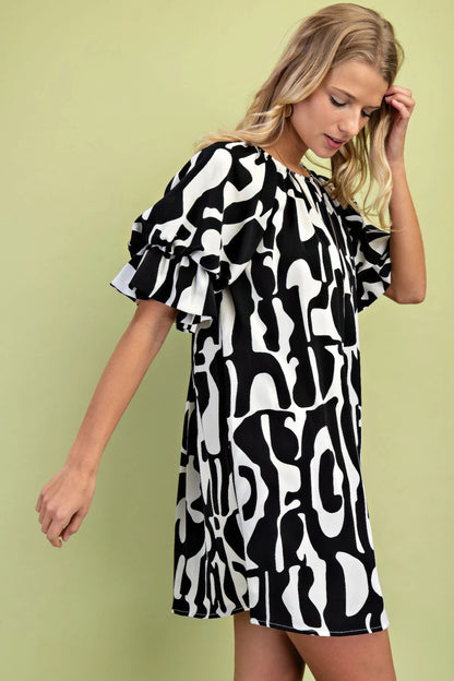 Geometric Print Loose Fit Mini Dress With Gathered Balloon Sleeves - All Season Fashion