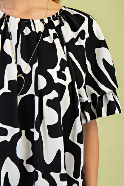 Geometric Print Loose Fit Mini Dress With Gathered Balloon Sleeves - All Season Fashion
