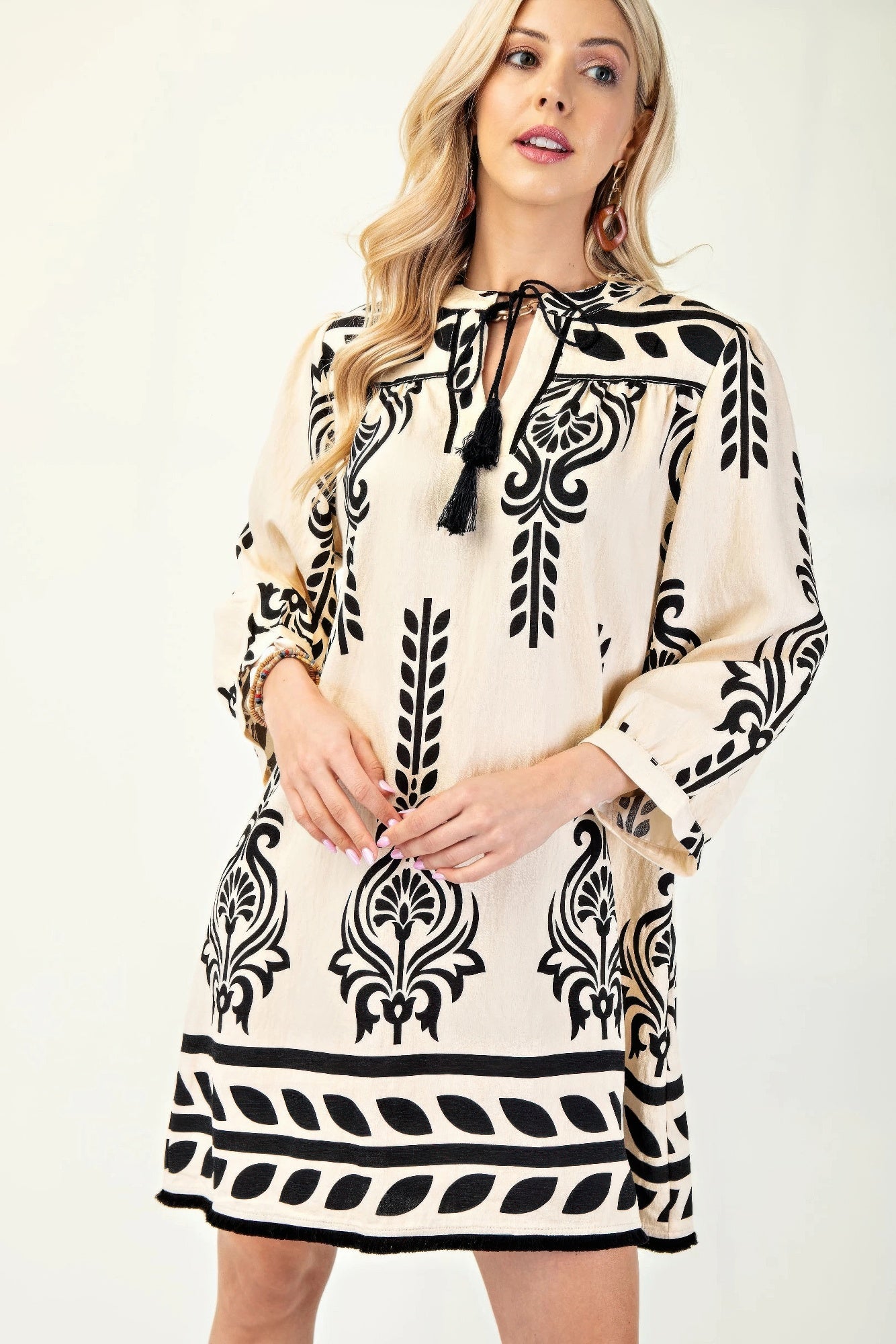 Printed 3/4 Sleeve Dress With Tassel Tie And Fringe Detail On Hem - All Season Fashion