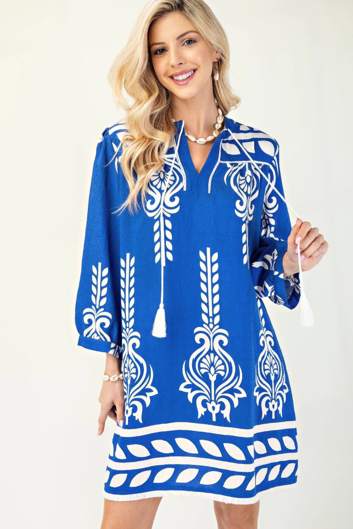 Printed 3/4 Sleeve Dress With Tassel Tie And Fringe Detail On Hem - All Season Fashion
