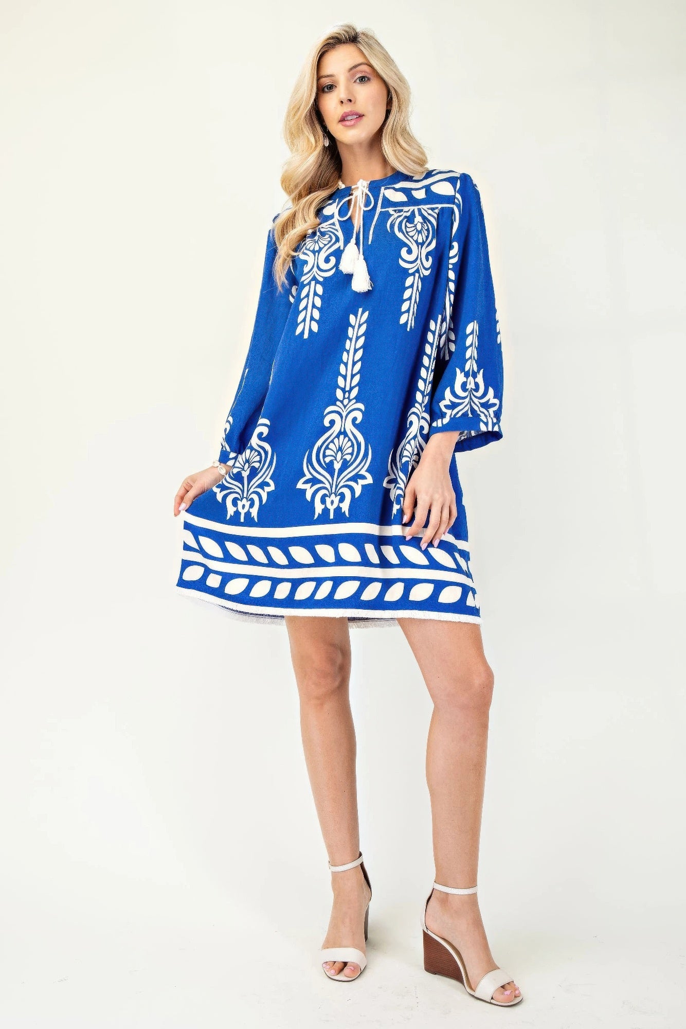 Printed 3/4 Sleeve Dress With Tassel Tie And Fringe Detail On Hem - All Season Fashion