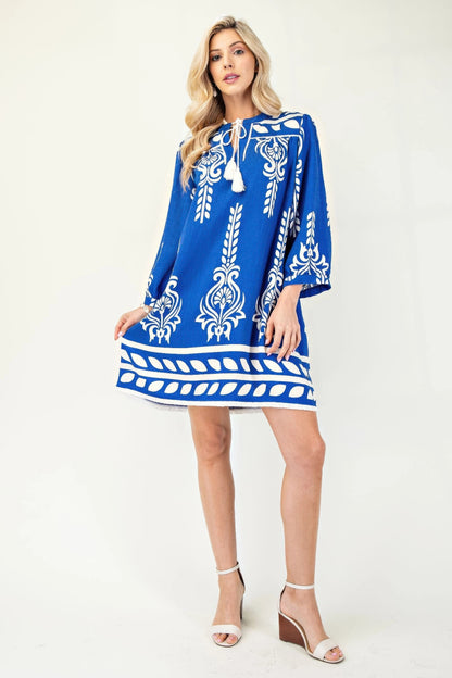 Printed 3/4 Sleeve Dress With Tassel Tie And Fringe Detail On Hem - All Season Fashion
