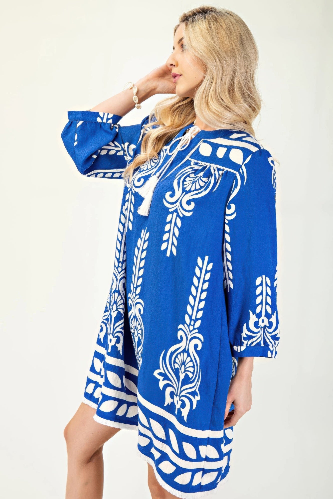 Printed 3/4 Sleeve Dress With Tassel Tie And Fringe Detail On Hem - All Season Fashion
