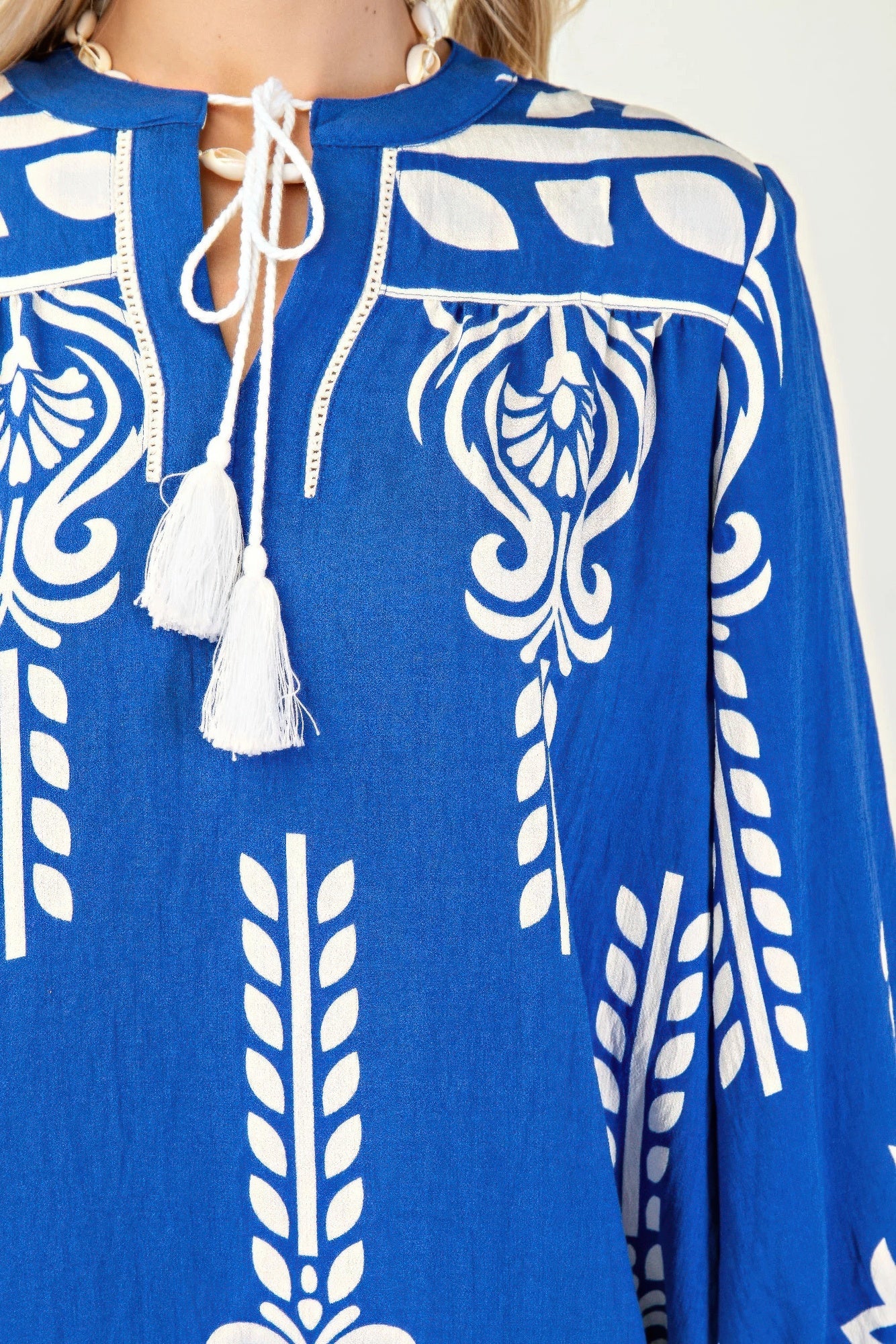 Printed 3/4 Sleeve Dress With Tassel Tie And Fringe Detail On Hem - All Season Fashion