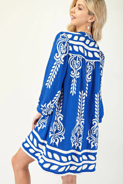 Printed 3/4 Sleeve Dress With Tassel Tie And Fringe Detail On Hem - All Season Fashion