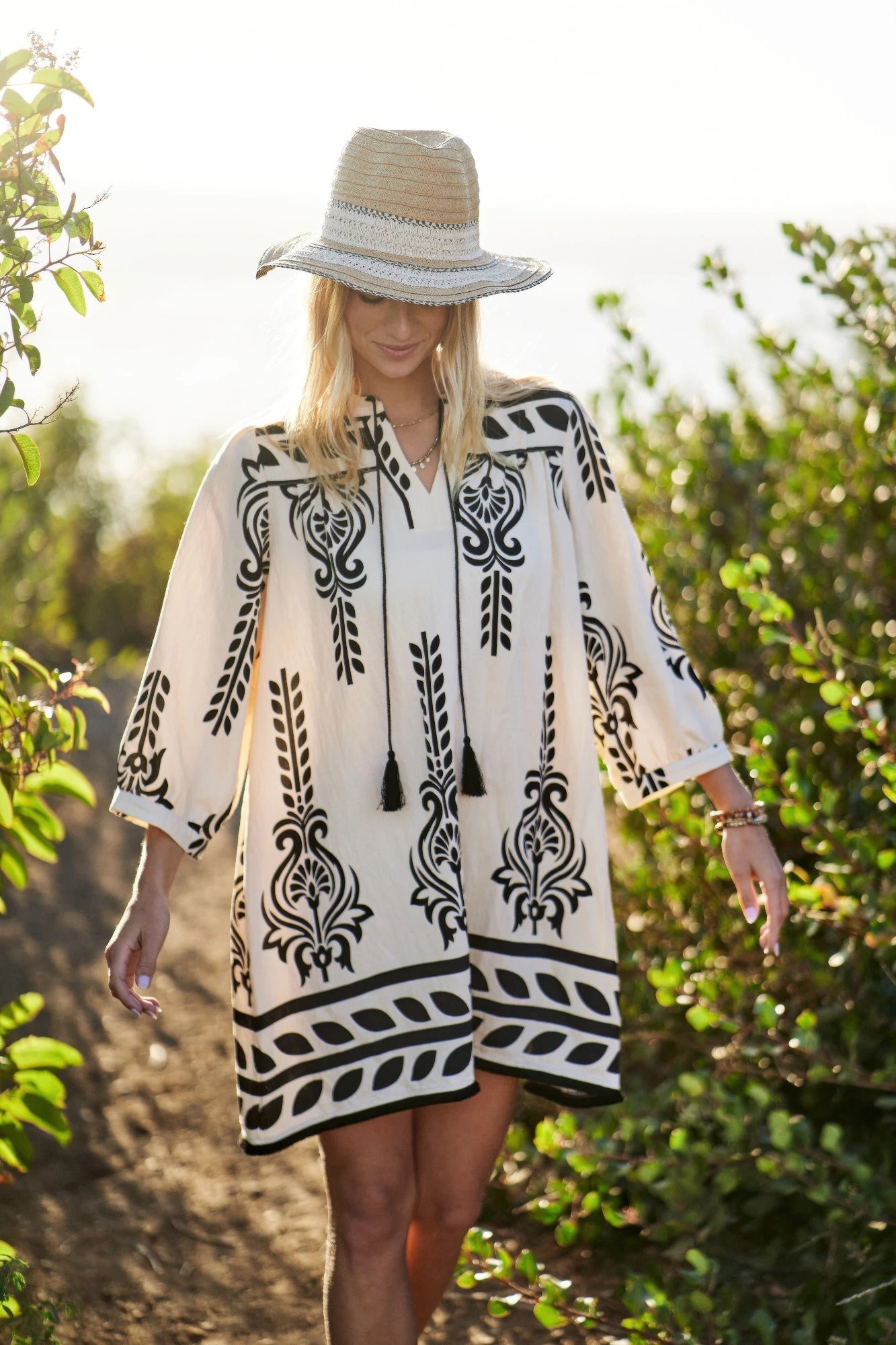 Printed 3/4 Sleeve Dress With Tassel Tie And Fringe Detail On Hem - All Season Fashion