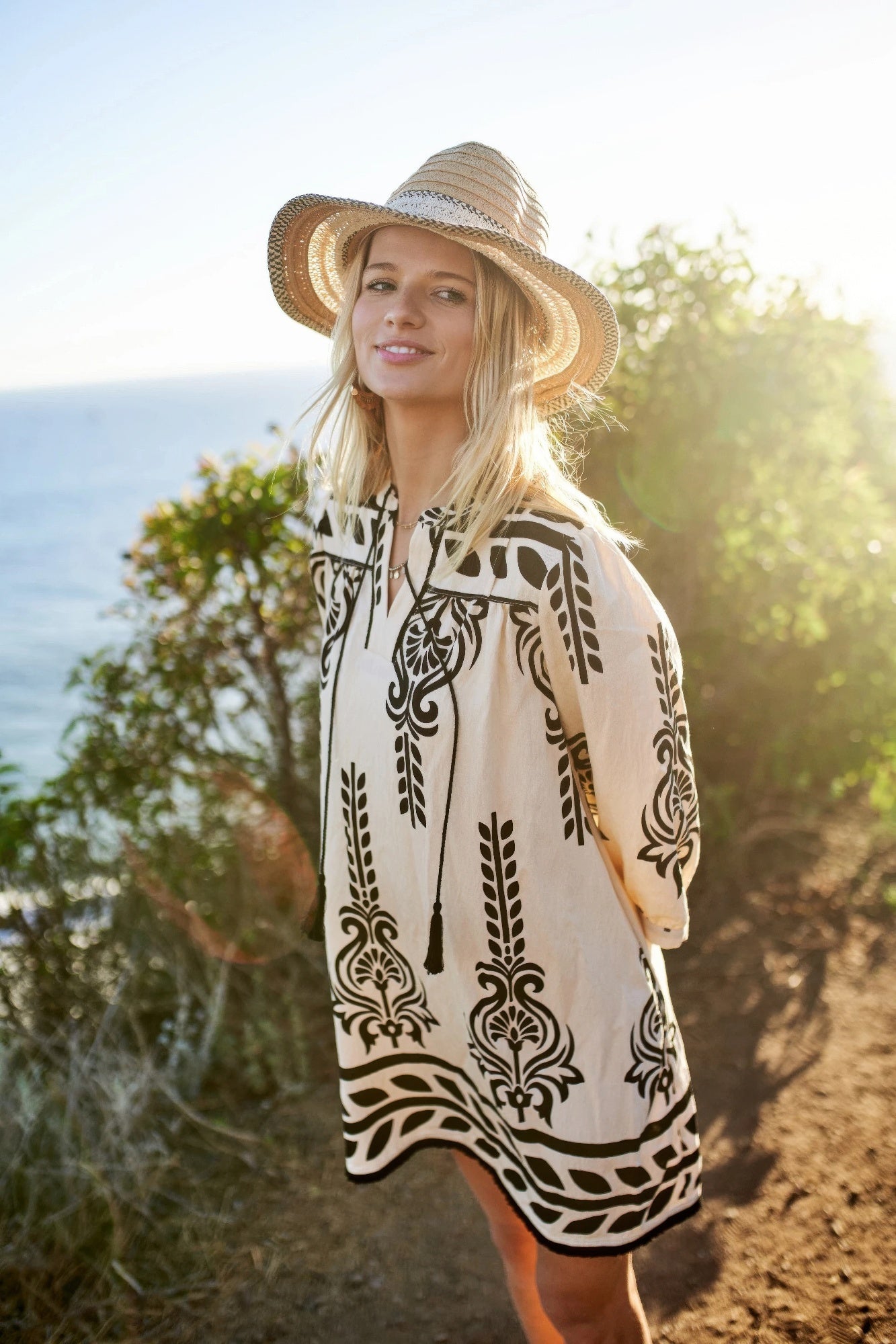 Printed 3/4 Sleeve Dress With Tassel Tie And Fringe Detail On Hem - All Season Fashion