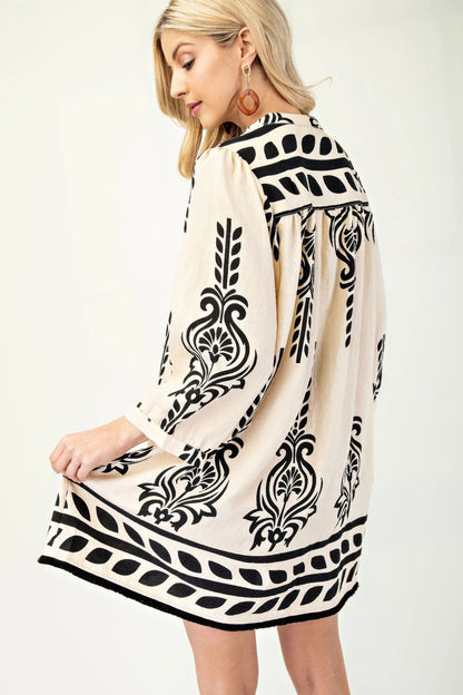 Printed 3/4 Sleeve Dress With Tassel Tie And Fringe Detail On Hem - All Season Fashion