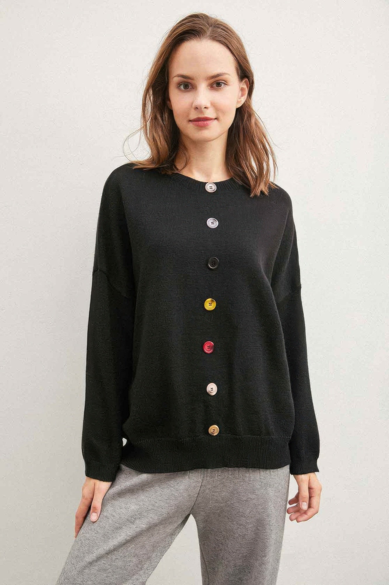 Solid Sweater With Colorful Buttons - All Season Fashion