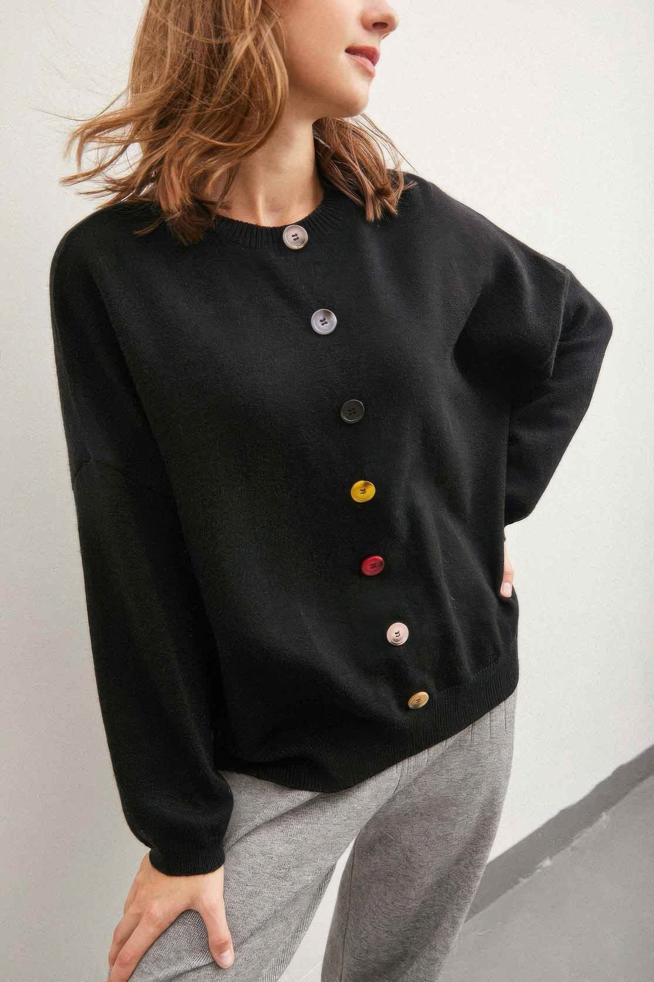Solid Sweater With Colorful Buttons - All Season Fashion