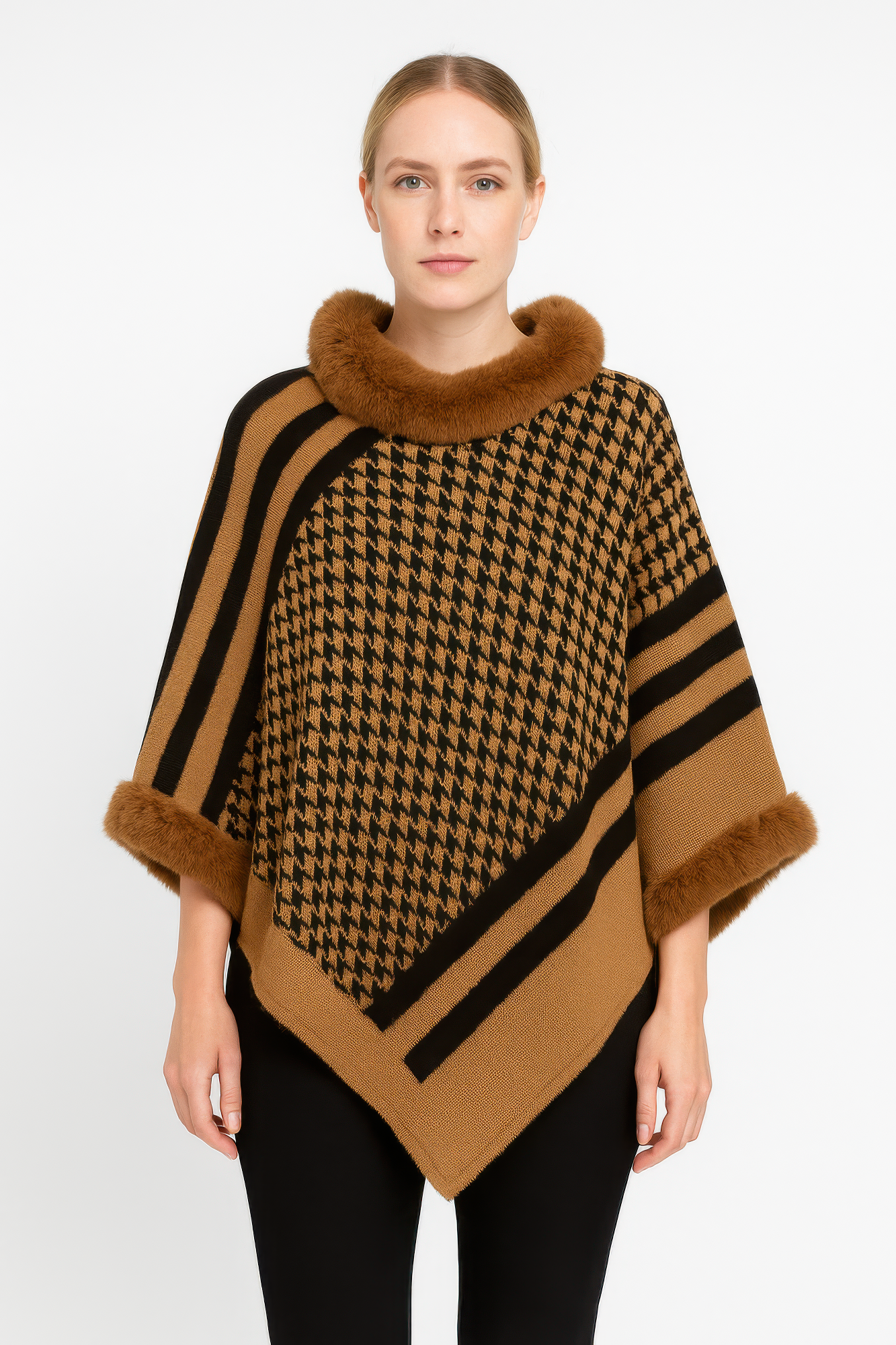 Patterned Knit Poncho With Faux Fur Trim - All Season Fashion
