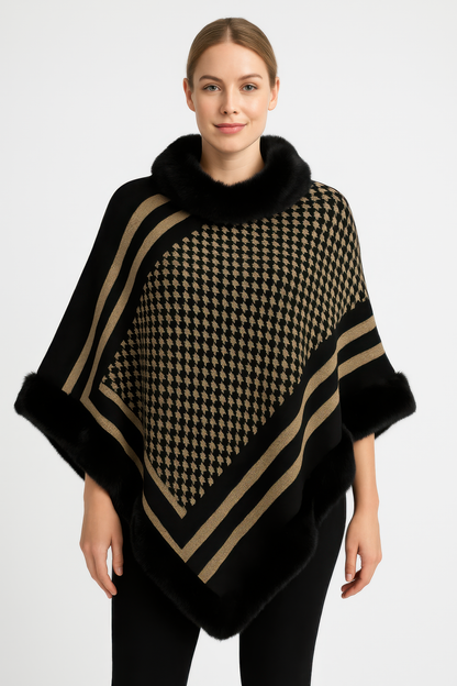 Patterned Knit Poncho With Faux Fur Trim - All Season Fashion
