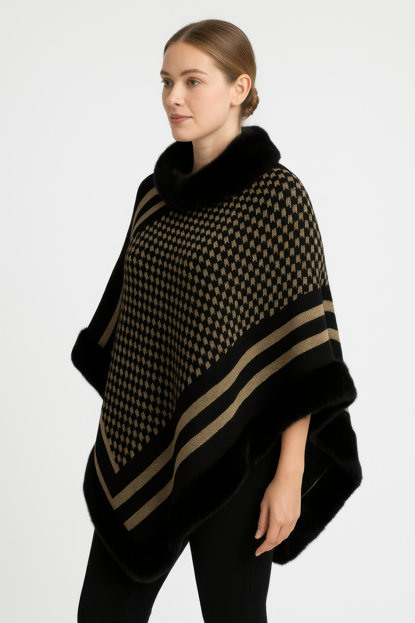 Patterned Knit Poncho With Faux Fur Trim - All Season Fashion