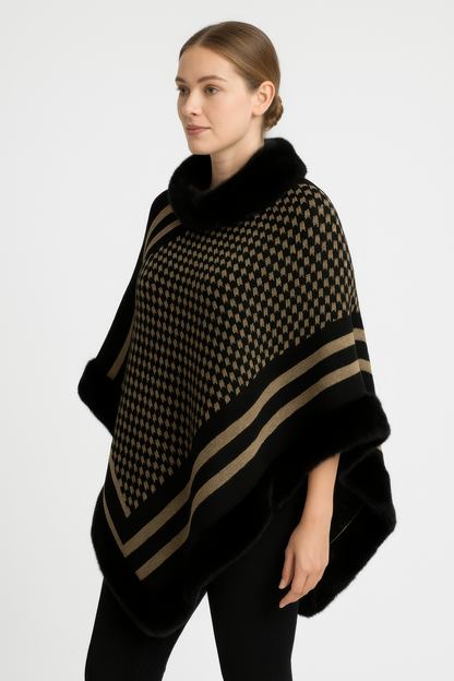 Patterned Knit Poncho With Faux Fur Trim - All Season Fashion