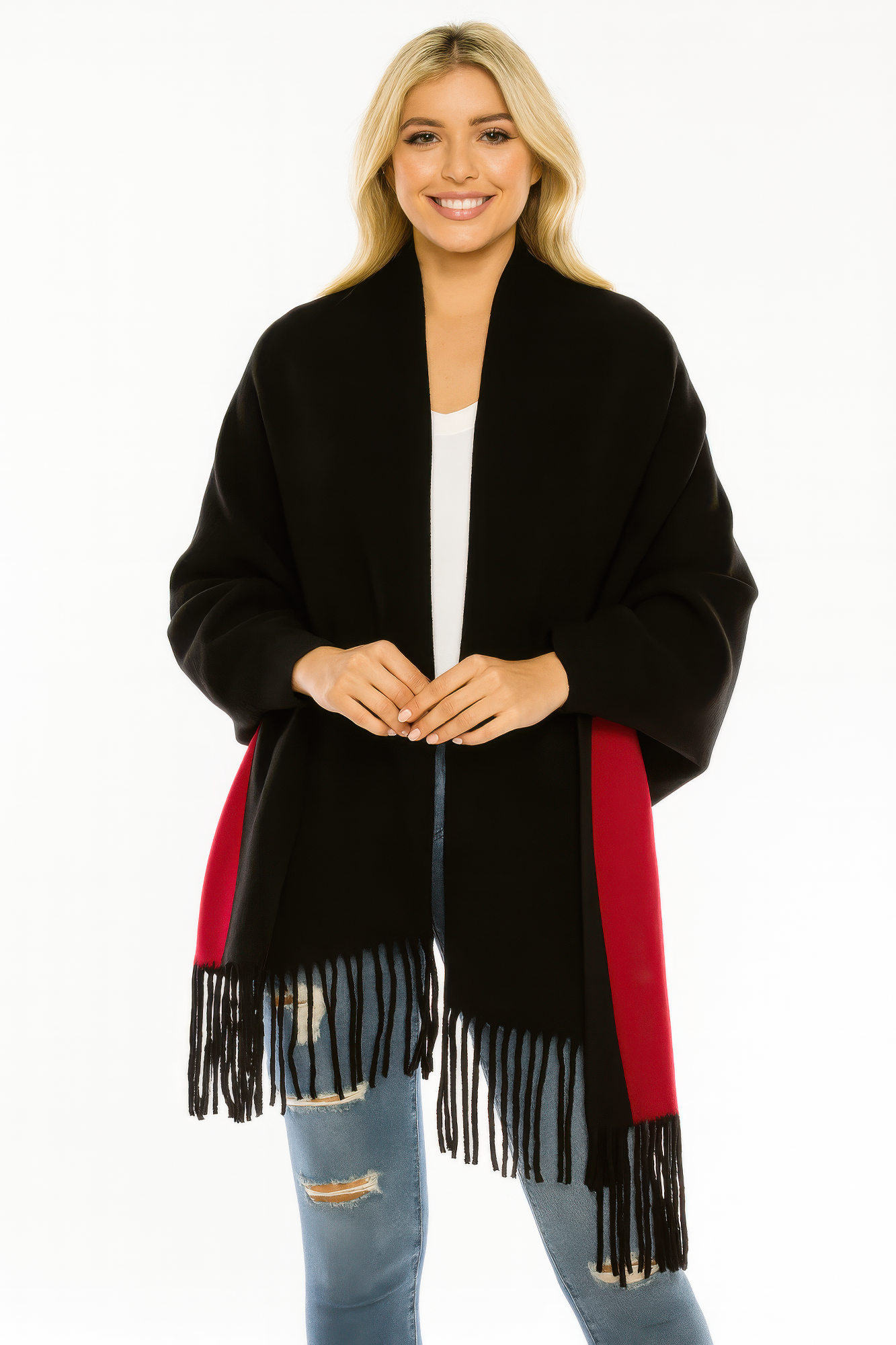 Colorblock Fringe-trimmed Open Wrap - All Season Fashion