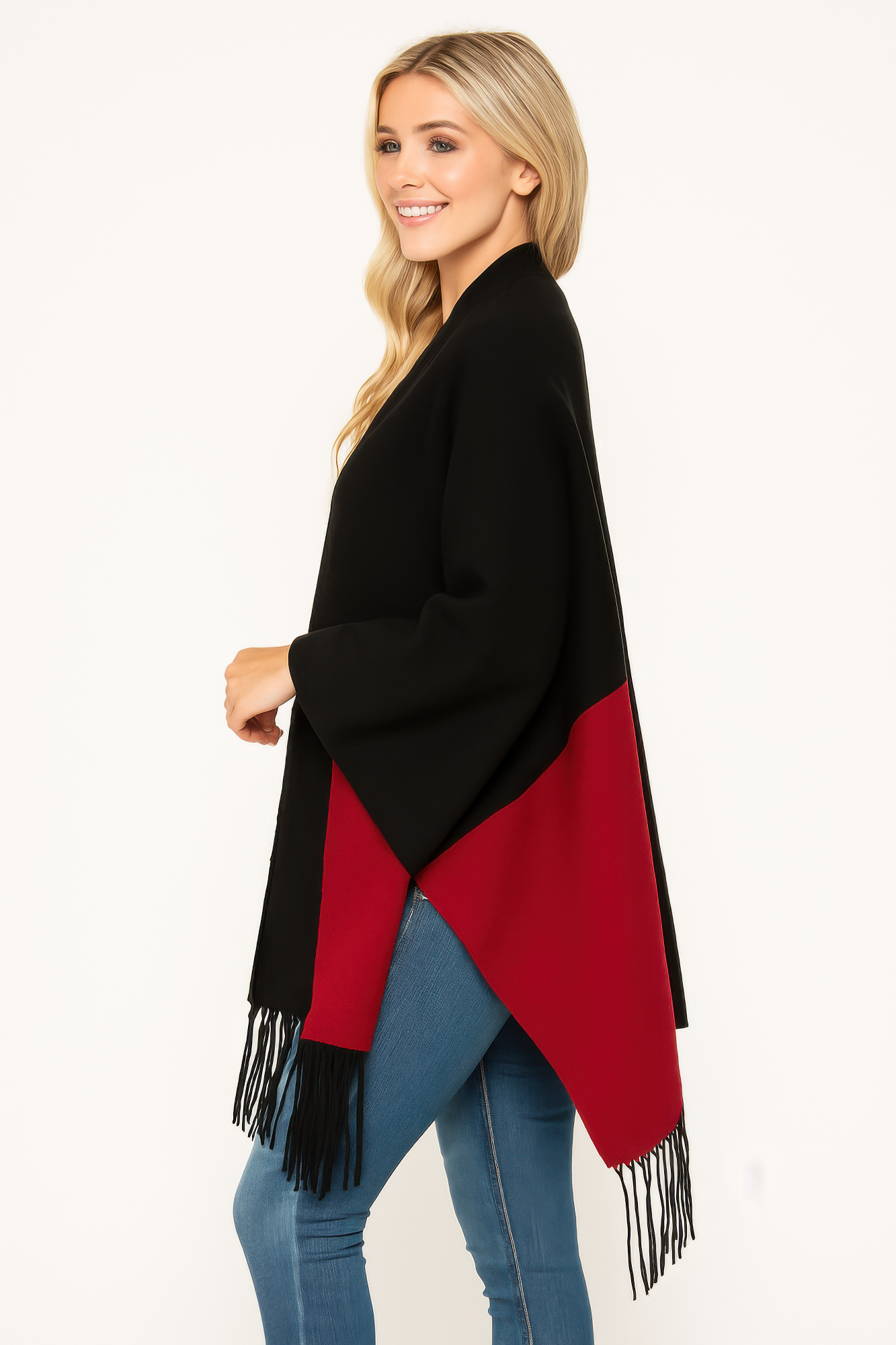 Colorblock Fringe-trimmed Open Wrap - All Season Fashion