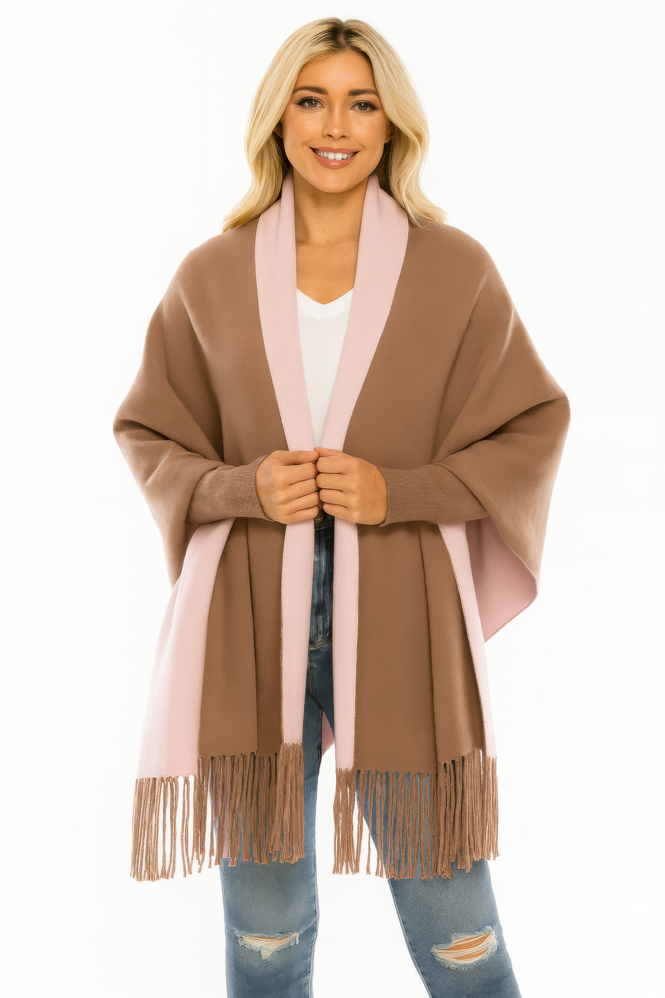Colorblock Fringe-trimmed Open Wrap - All Season Fashion