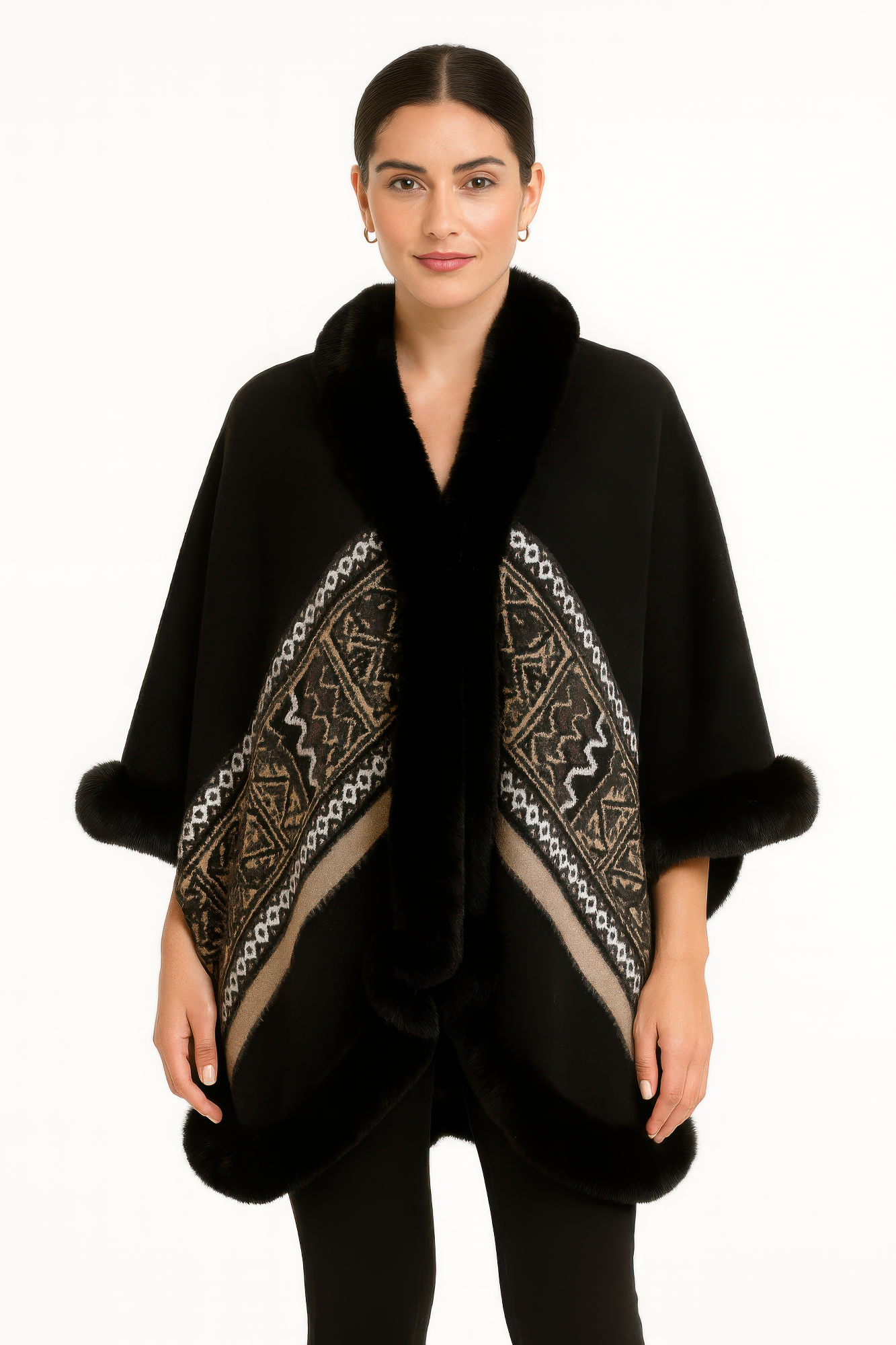 Black Geometric Border Faux Fur Trim Cape - All Season Fashion