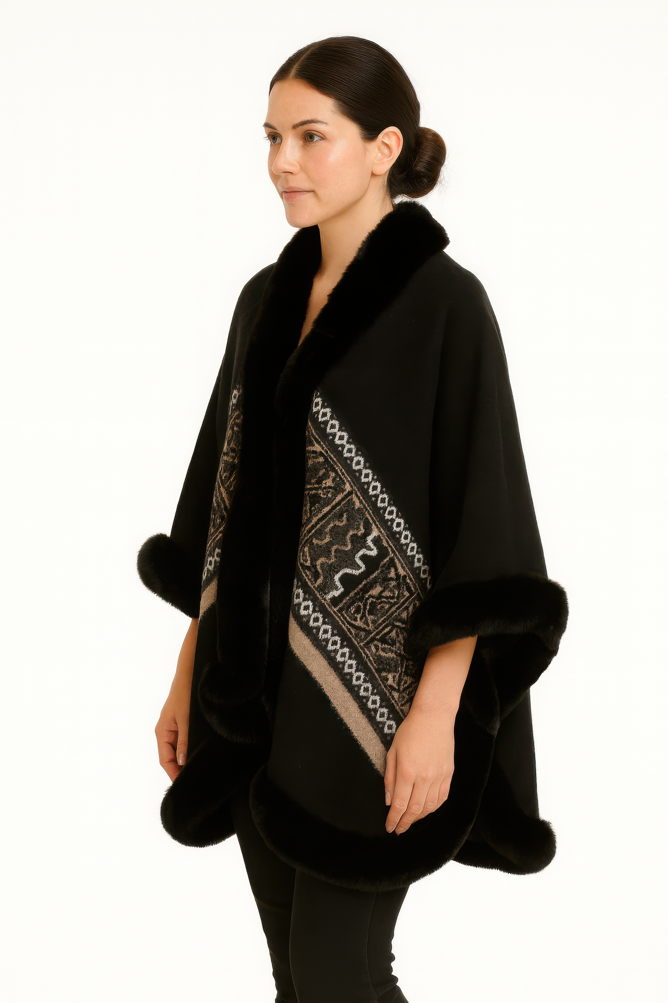Black Geometric Border Faux Fur Trim Cape - All Season Fashion