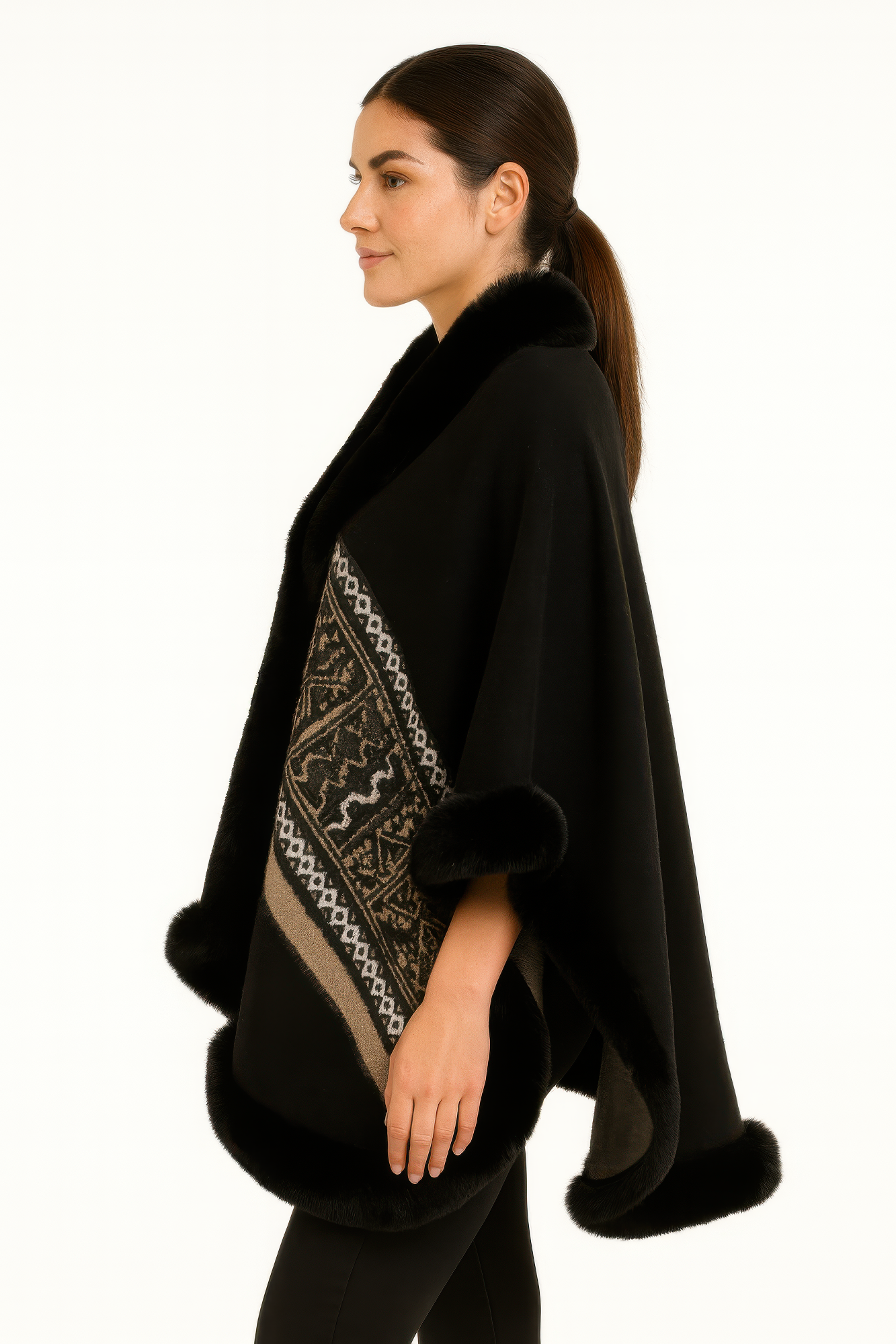 Black Geometric Border Faux Fur Trim Cape - All Season Fashion