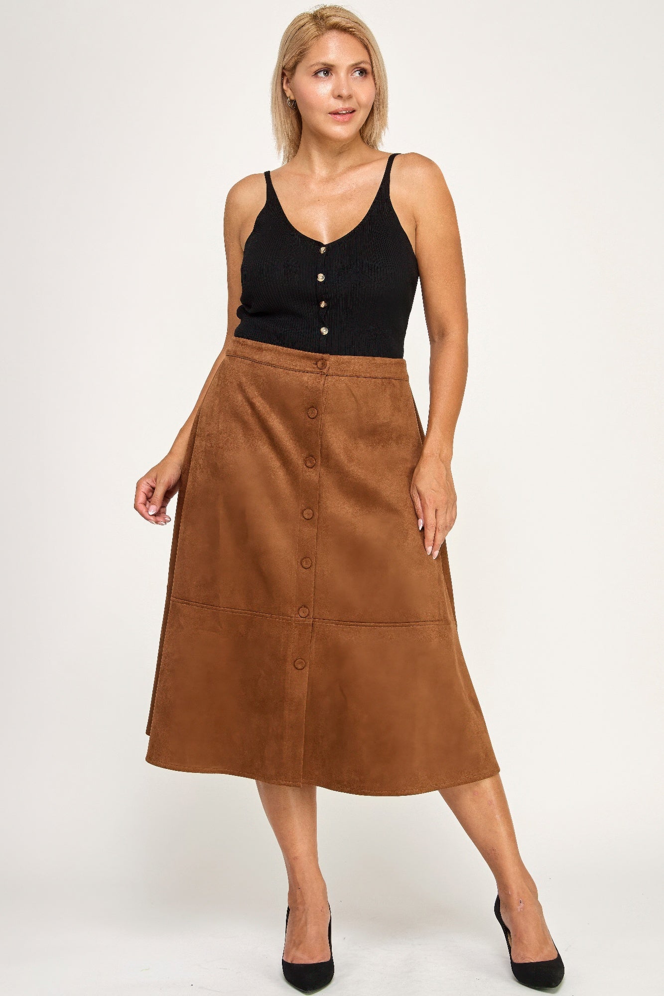 Plus Size Button-front Faux Suede Aline Midi Skirt - All Season Fashion
