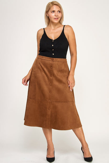 Plus Size Button-front Faux Suede Aline Midi Skirt - All Season Fashion