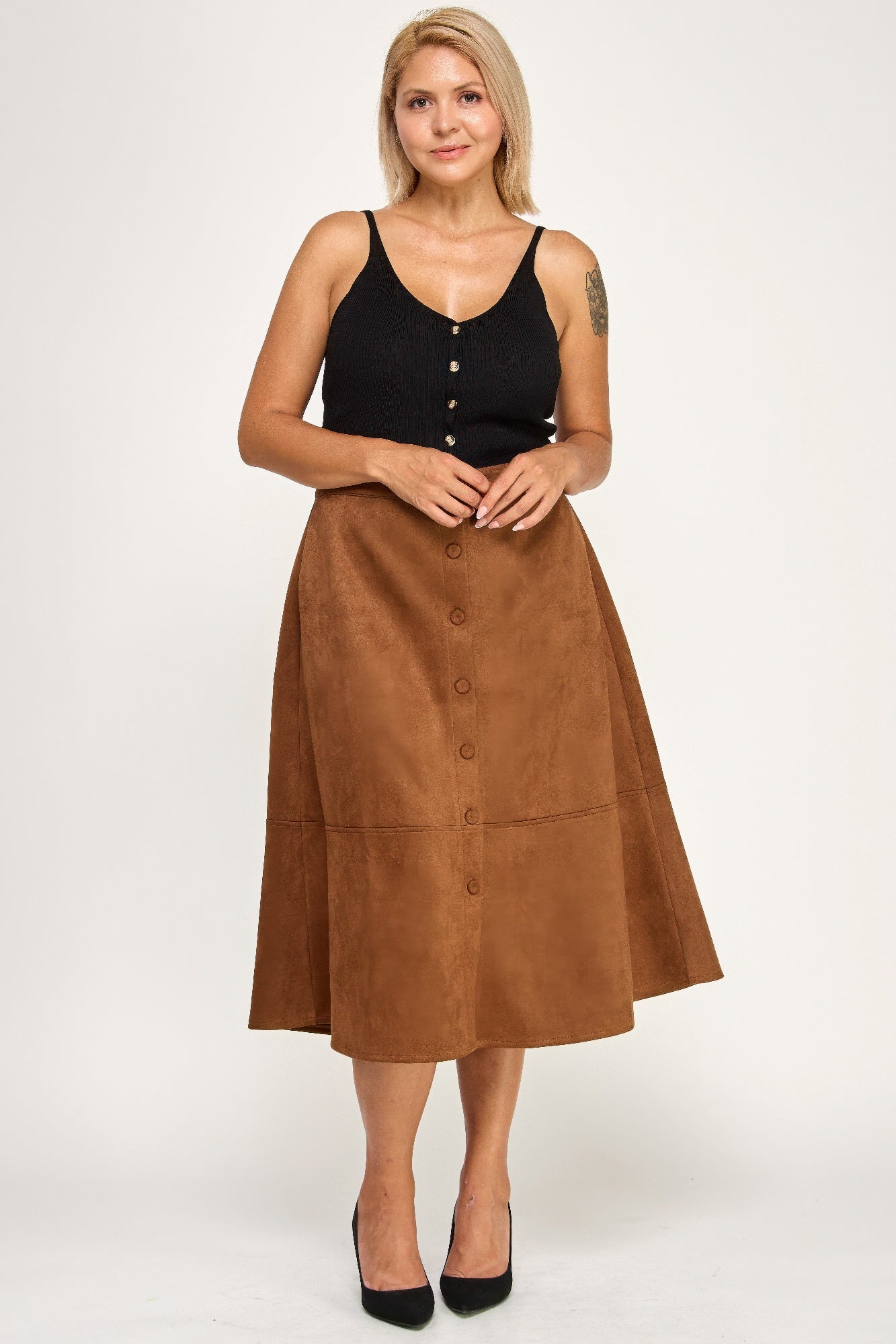 Plus Size Button-front Faux Suede Aline Midi Skirt - All Season Fashion