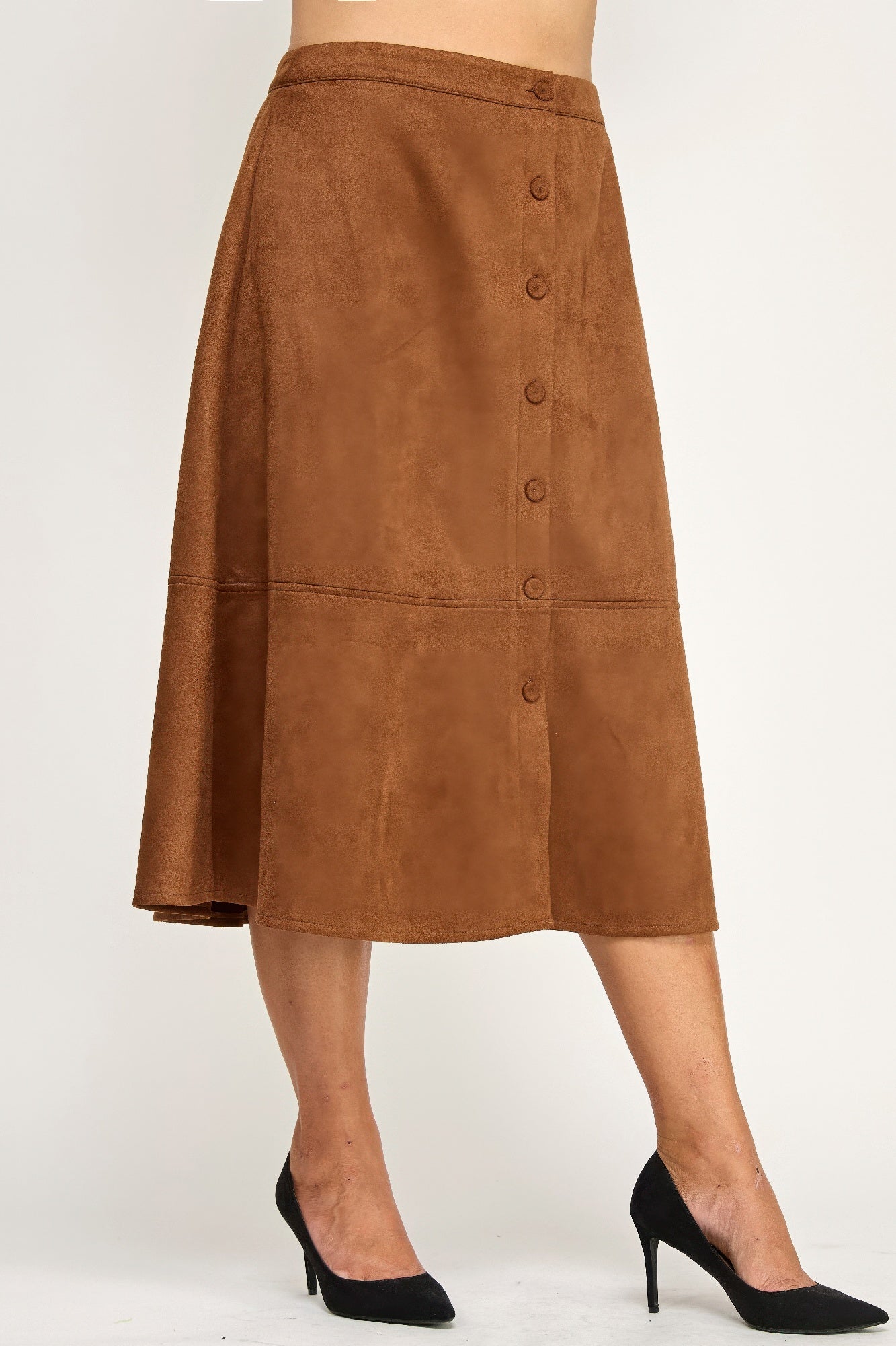 Plus Size Button-front Faux Suede Aline Midi Skirt - All Season Fashion