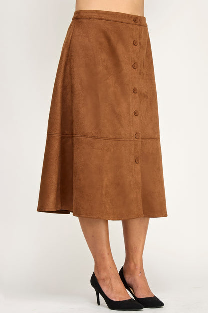 Plus Size Button-front Faux Suede Aline Midi Skirt - All Season Fashion