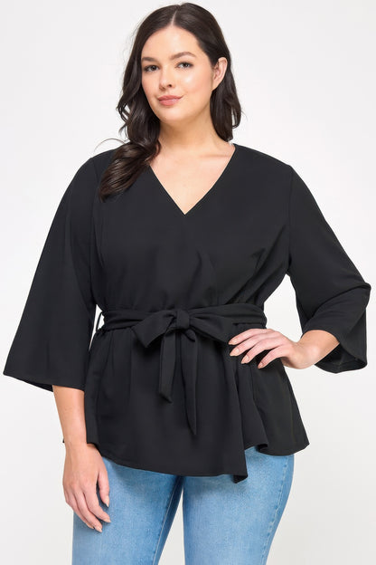 Plus Size Black Wrap Tie-waist Jacket - All Season Fashion