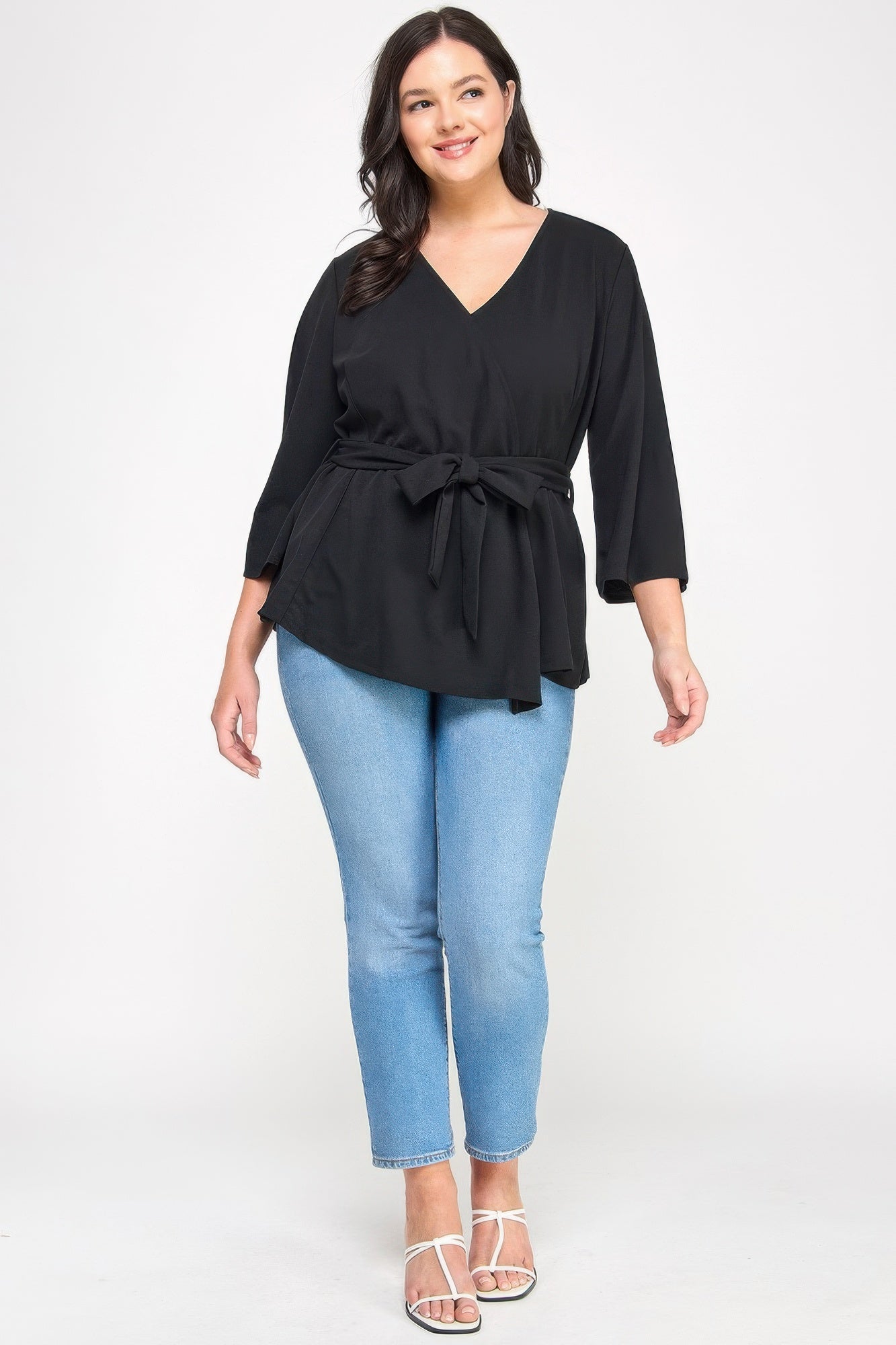 Plus Size Black Wrap Tie-waist Jacket - All Season Fashion