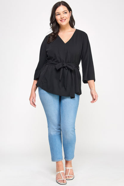 Plus Size Black Wrap Tie-waist Jacket - All Season Fashion