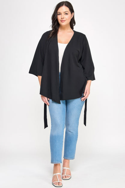 Plus Size Black Wrap Tie-waist Jacket - All Season Fashion