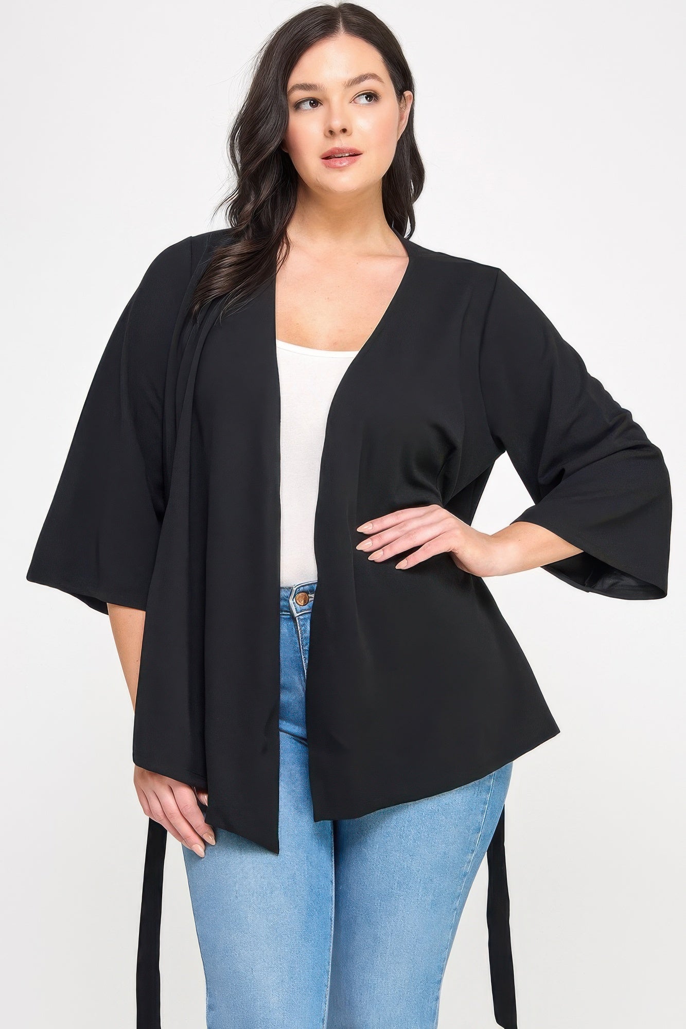 Plus Size Black Wrap Tie-waist Jacket - All Season Fashion