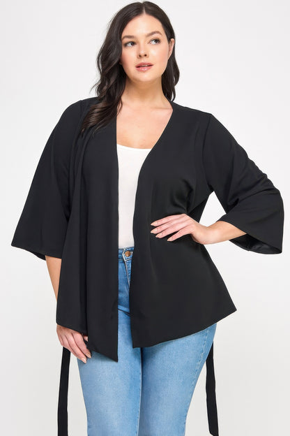 Plus Size Black Wrap Tie-waist Jacket - All Season Fashion