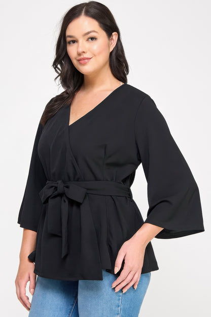 Plus Size Black Wrap Tie-waist Jacket - All Season Fashion