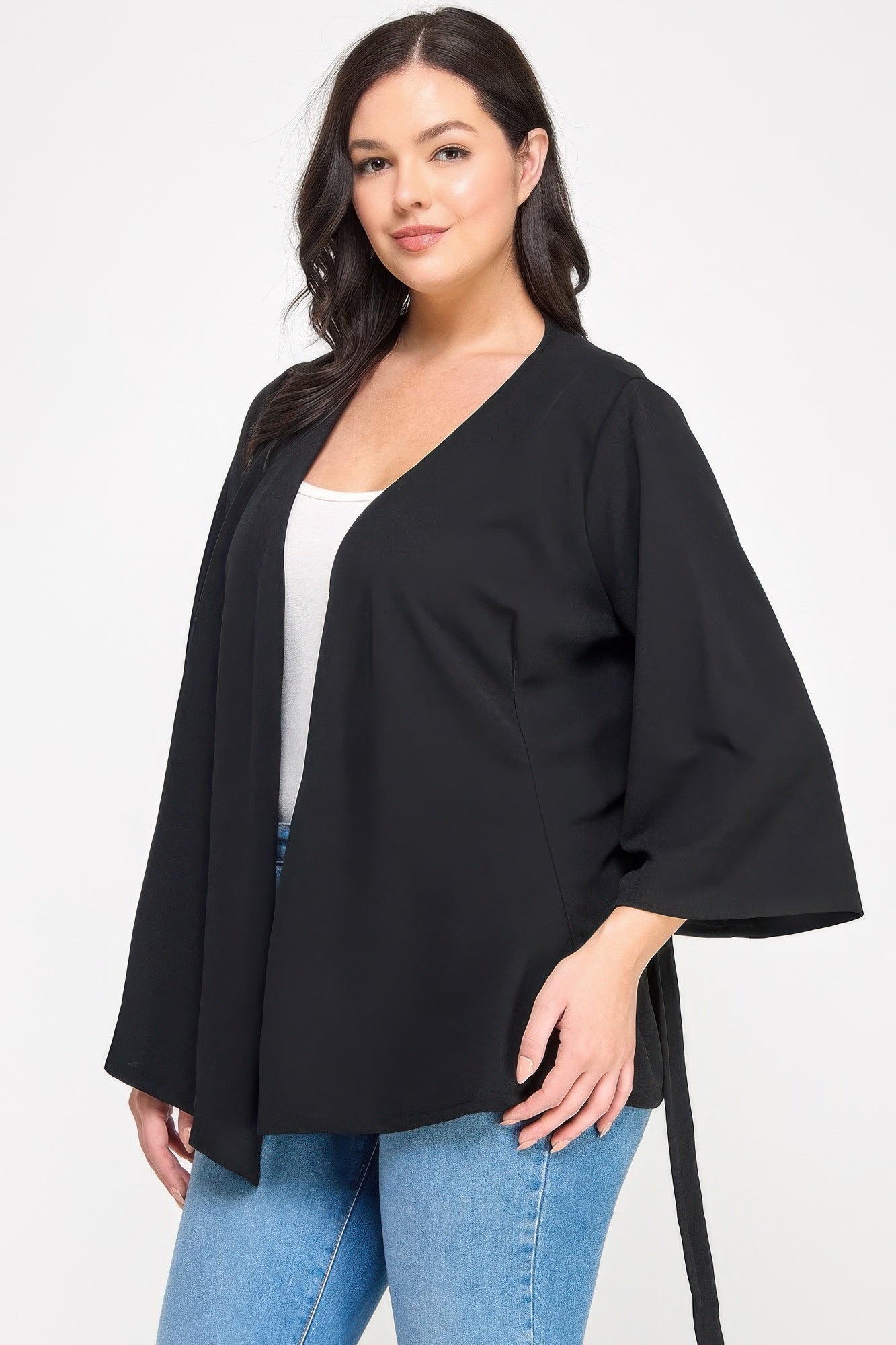 Plus Size Black Wrap Tie-waist Jacket - All Season Fashion