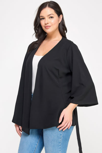 Plus Size Black Wrap Tie-waist Jacket - All Season Fashion