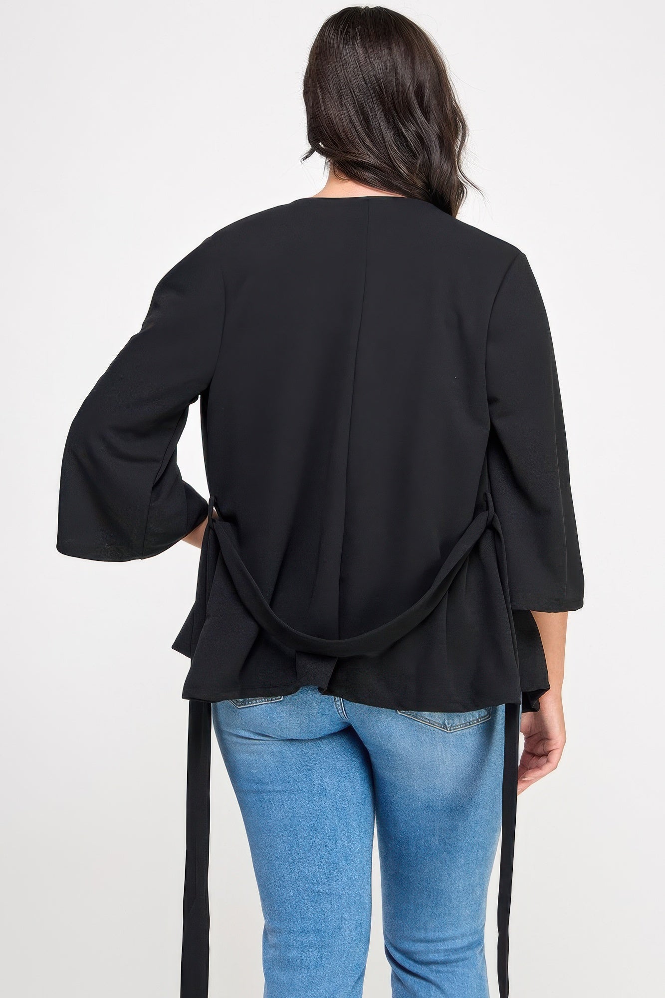 Plus Size Black Wrap Tie-waist Jacket - All Season Fashion
