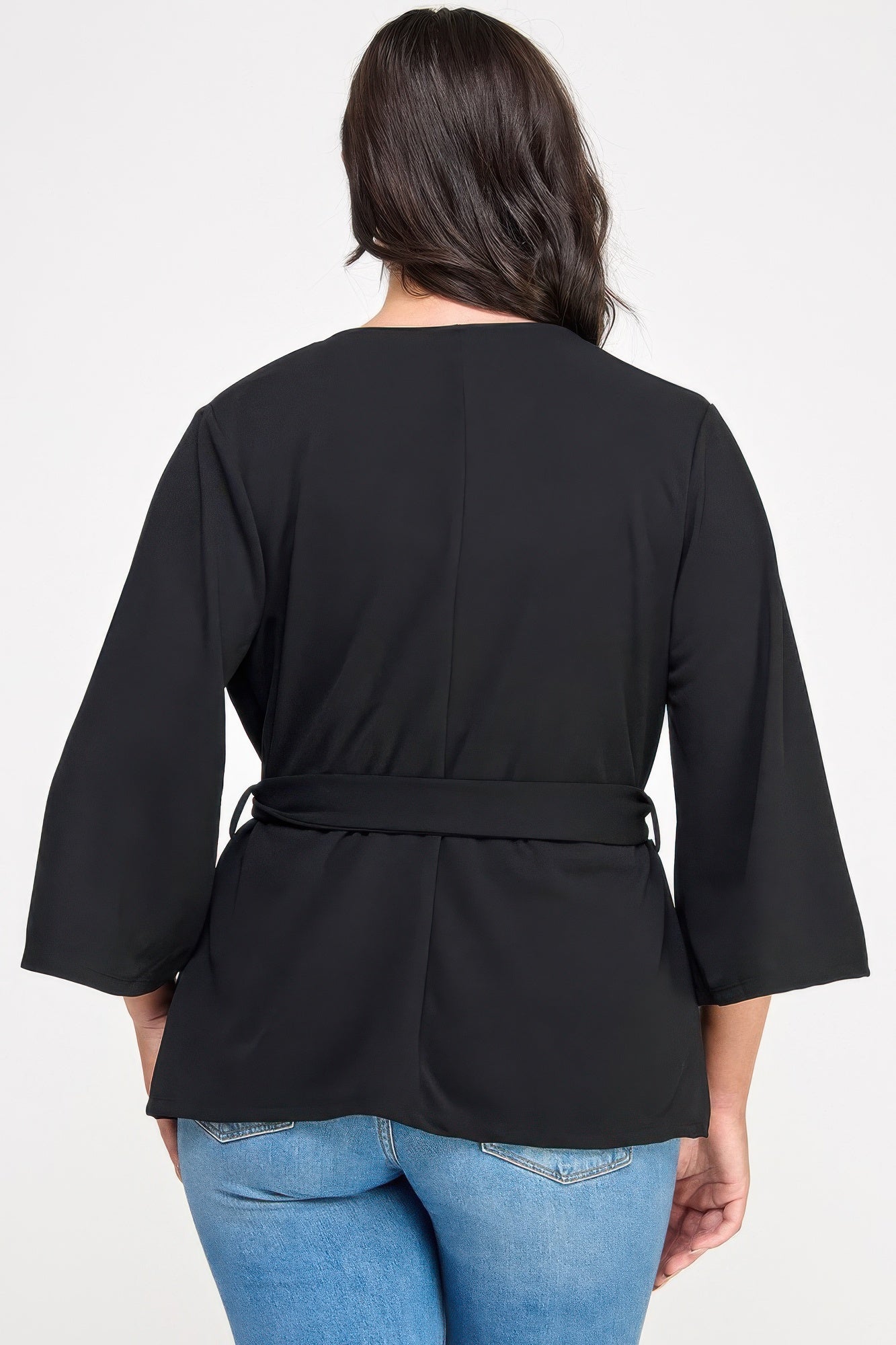 Plus Size Black Wrap Tie-waist Jacket - All Season Fashion