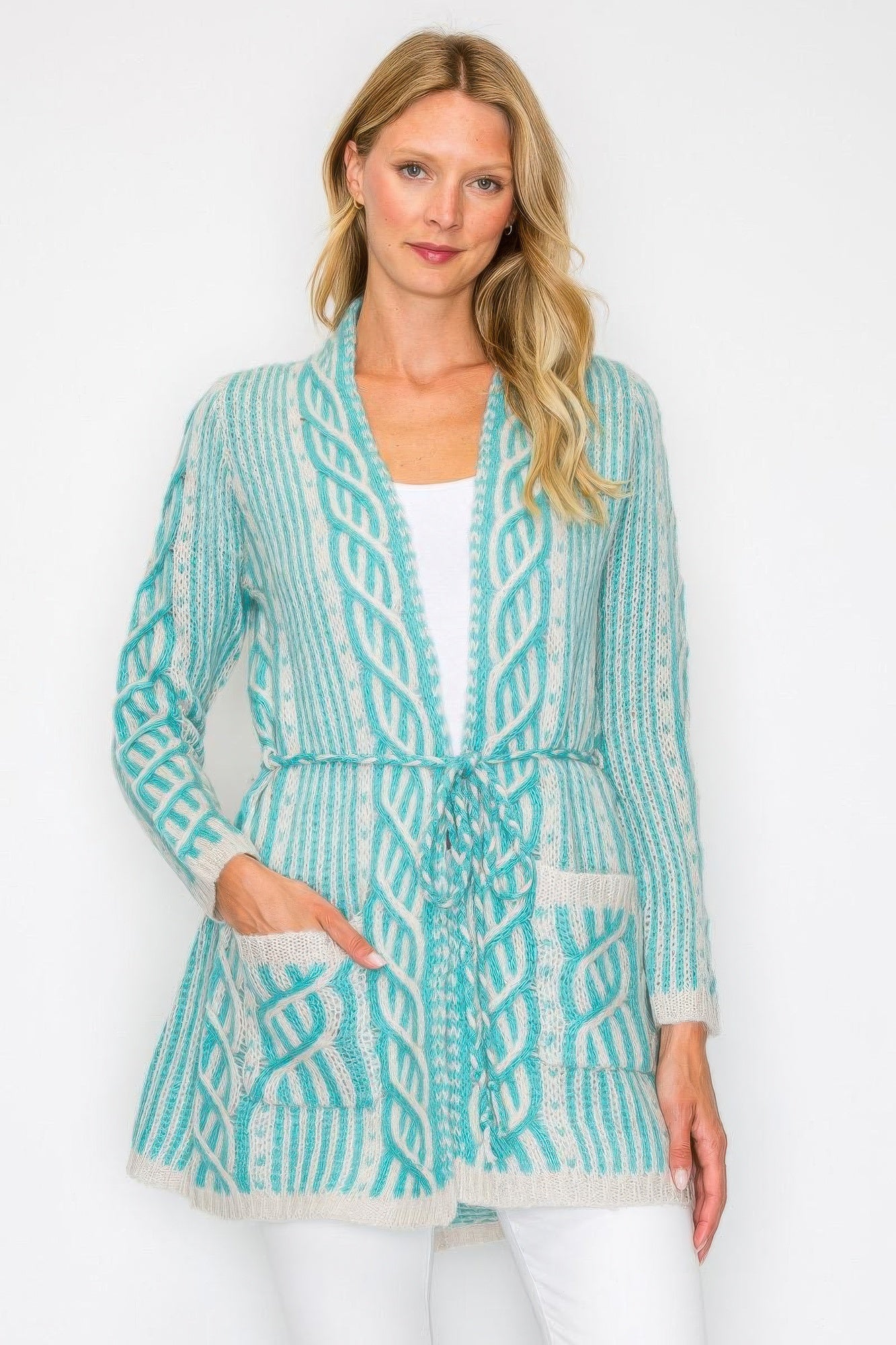 Open Wool Cardigan With Belt String & Front Pocket - All Season Fashion