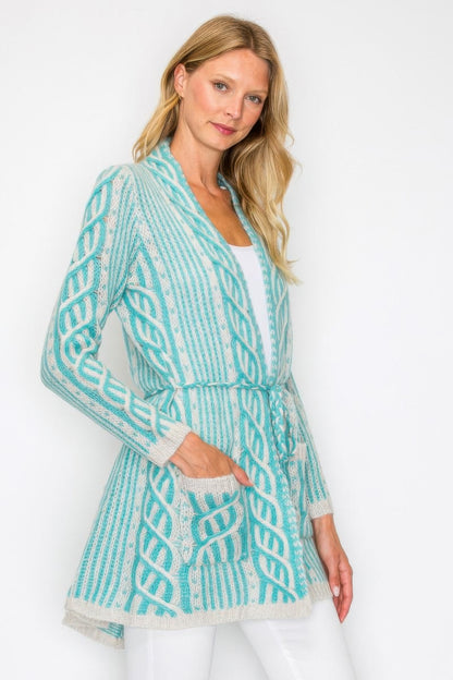 Open Wool Cardigan With Belt String & Front Pocket - All Season Fashion