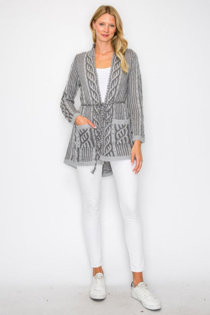 Open Wool Cardigan With Belt String & Front Pocket - All Season Fashion