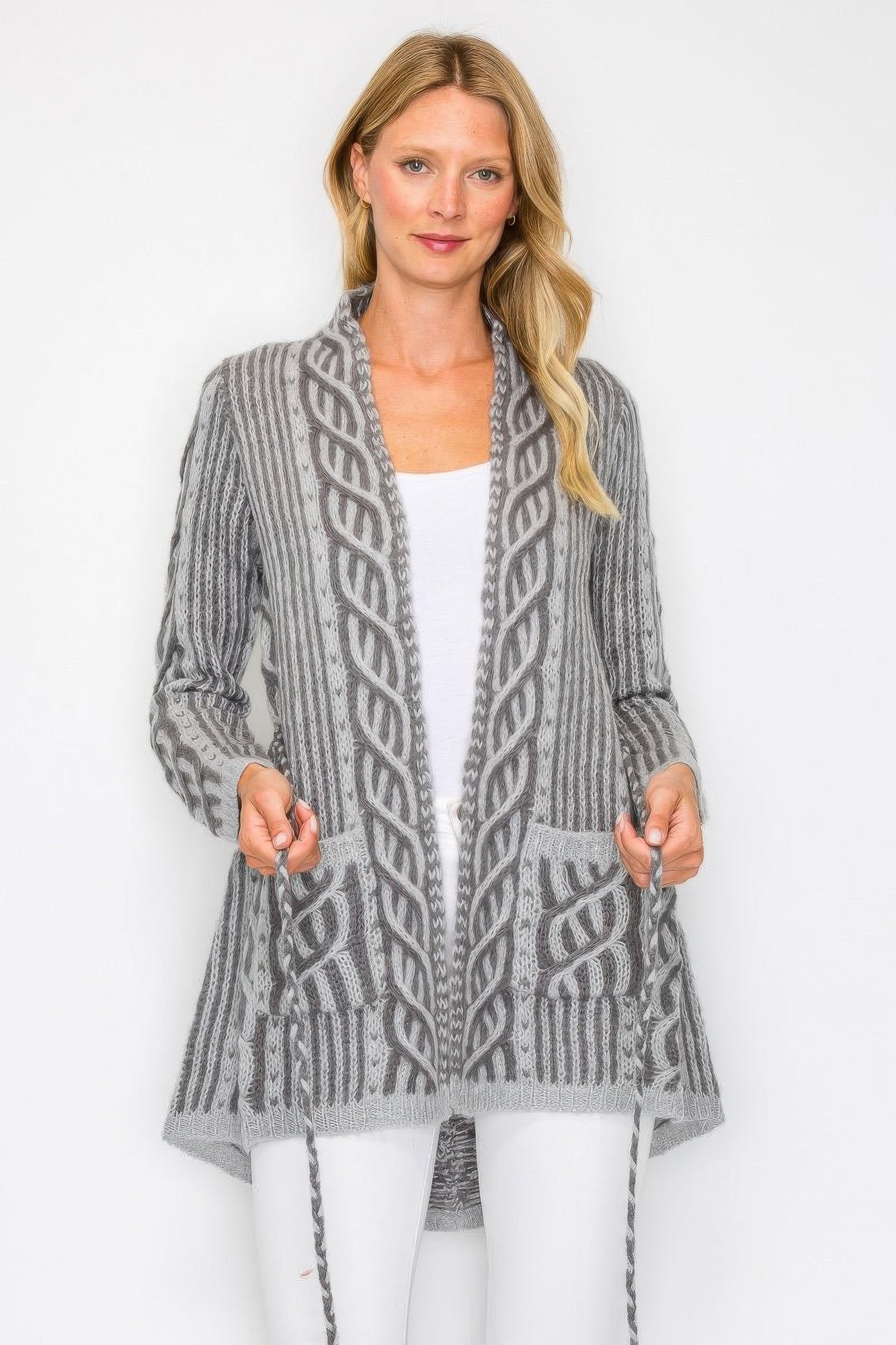 Open Wool Cardigan With Belt String & Front Pocket - All Season Fashion